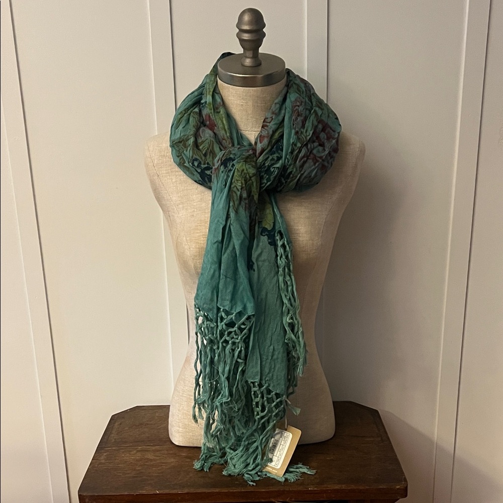 100% Cotton Elegant Teal Scarf with Fringe